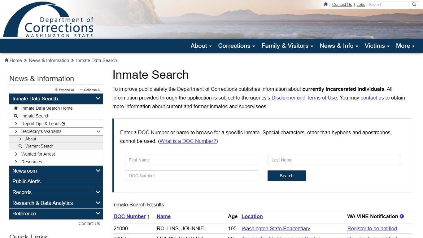 Inmate Search | Washington State Department of Corrections